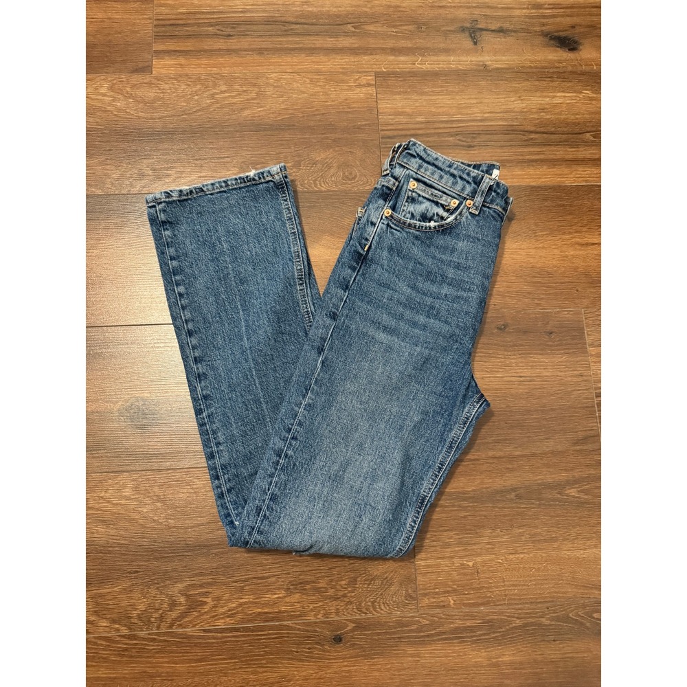 Zara High Waisted Flare Jeans Blue Distressed Ripped Knee Size 2